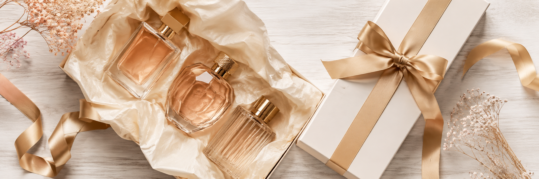 Parfümflakons in Geschenkverpackung mit Goldband – edle Parfum-Geschenkideen für Duftenthusiasten