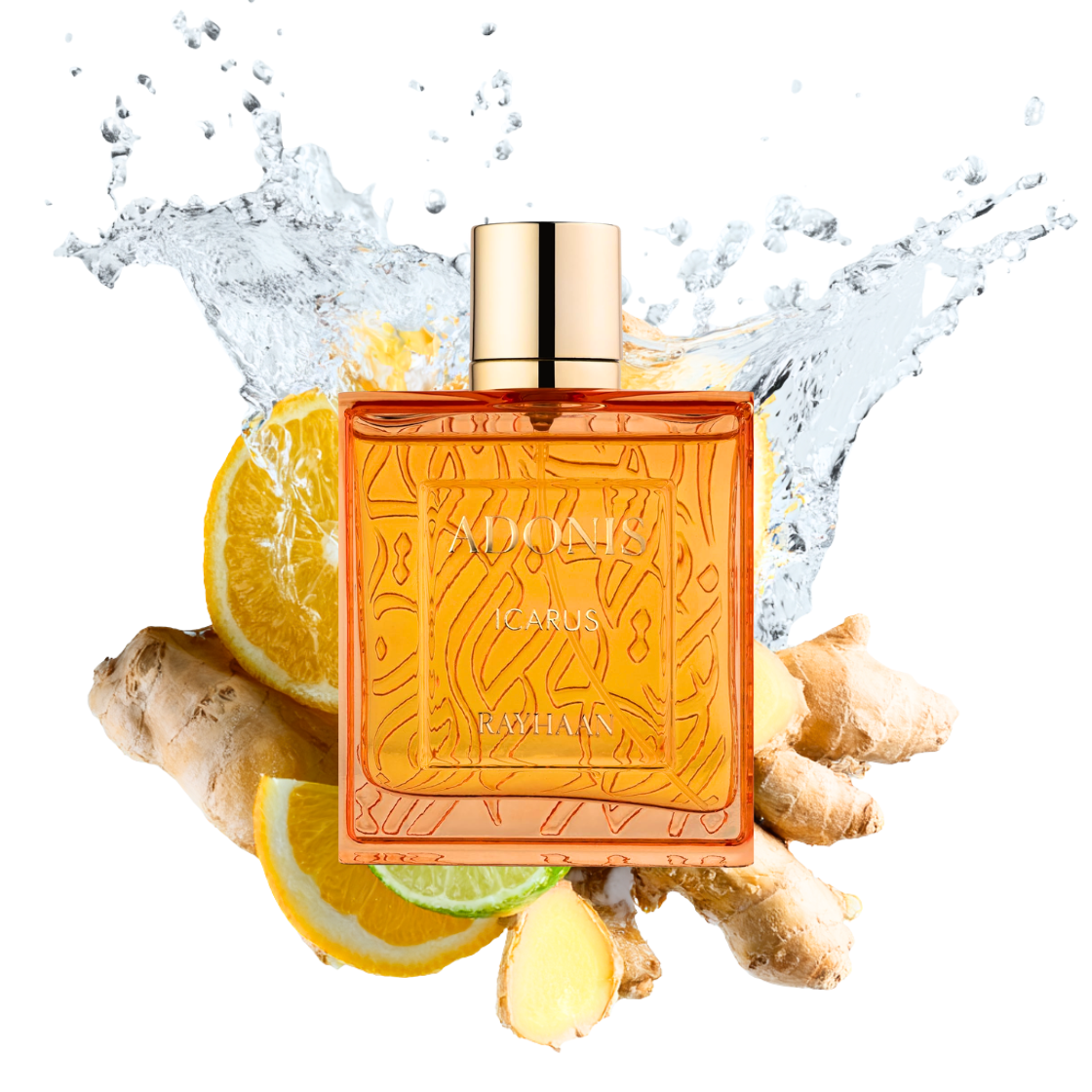 Adonis icarus - Rayhann 100ml - Parfümflakon in oranger Farbe mit Ingwer, Zitrusfrüchten und erfrischendem Spritzer Wasser.