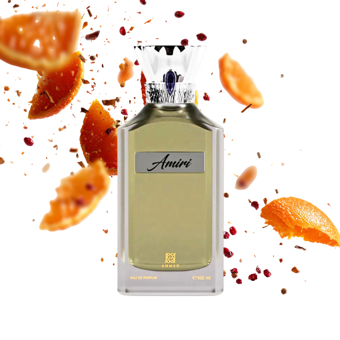 Amiri Ahmed al Maghribi Extrait de Parfum 60ml – transparenter Glasflakon mit gelber Flüssigkeit umgeben von Orange und rosa Pfeffer