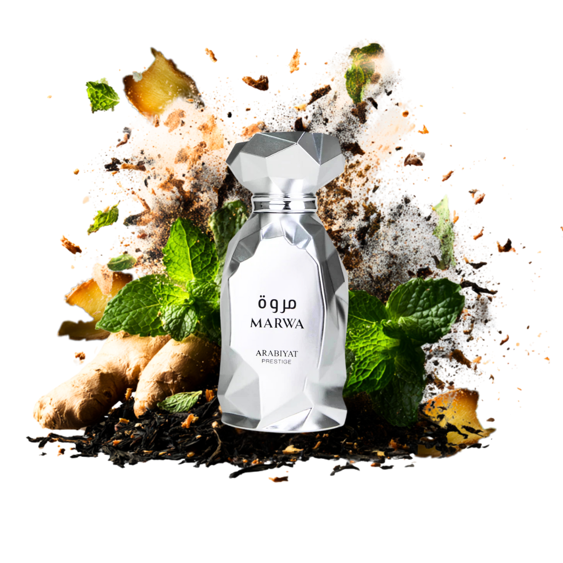 Arabiyat Prestige- Marwa, 100ml, silberner Flakon umgeben von Minze, schwarzem Tee und Ingwer.