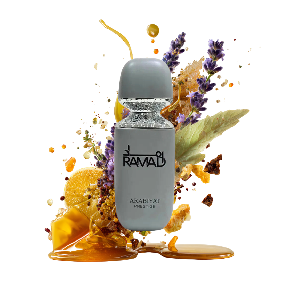 Arabiyat Prestige- Ramad, 100ml, weißer Flakon umgeben von Bitterorange, Minze und Kardamom.
