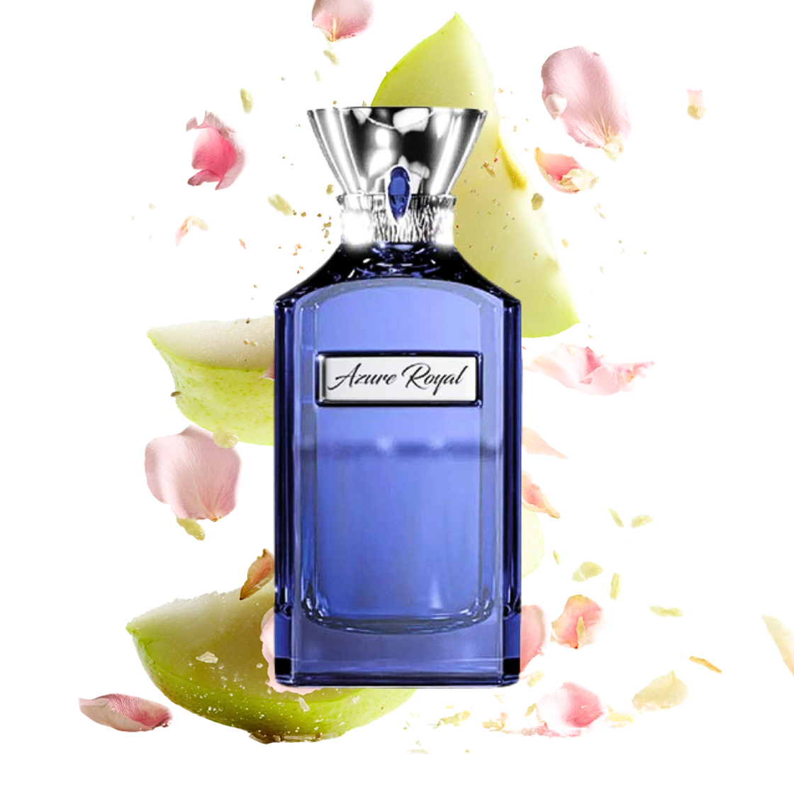 Azure Royal Ahmed al Maghribi Eau de Parfum 75ml - blauer Glasflakon umgeben von Birne und Rosenblättern