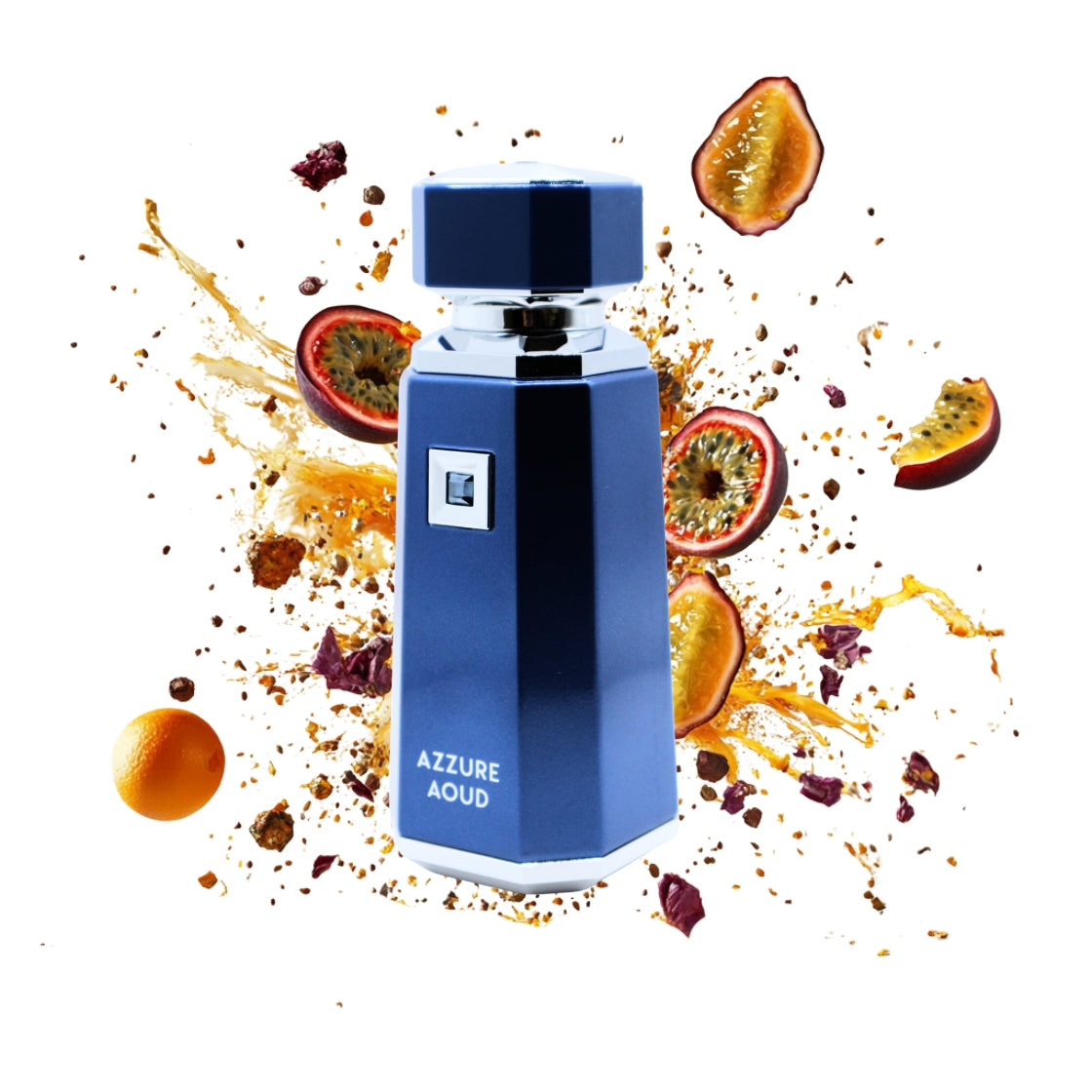 Azzure Aoud French Avenue Eau de Parfum 100ml – blauer Flakon umgeben von Passionsfrucht und Safran