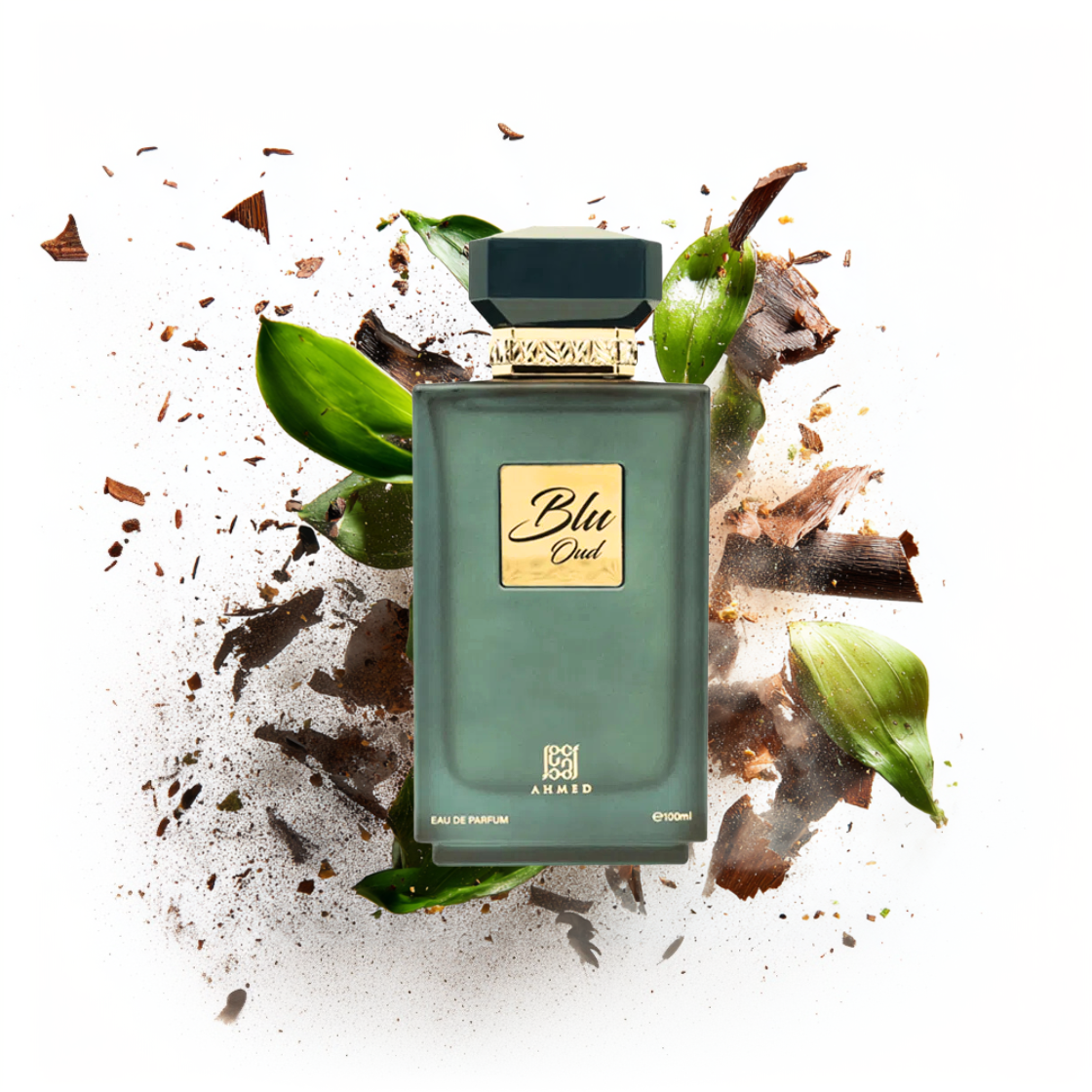 Blu Oud - Ahmed al maghribi 100ml - türkiser Flakon umgeben von