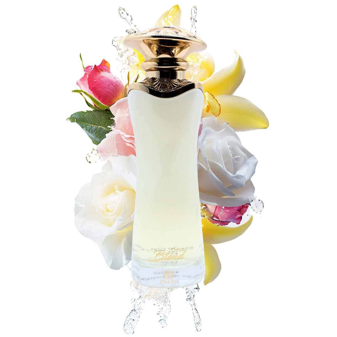 Coco Blend Ahmed al Maghribi Eau de Parfum 90ml – weißer Flakon umgeben von türkischer rose und Orangenblüten