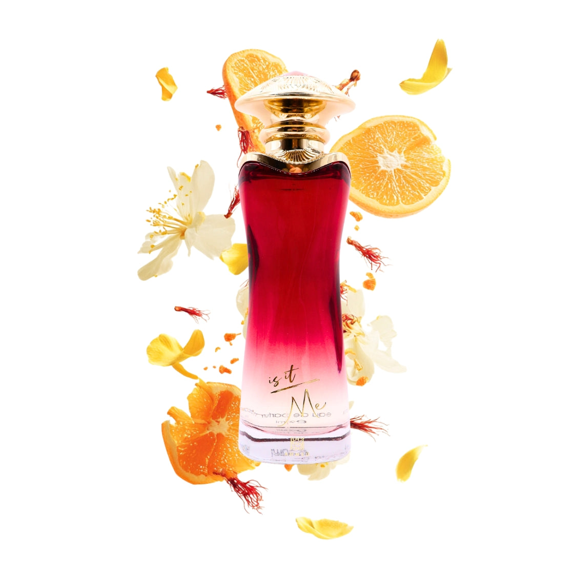 Is It Me Ahmed al Maghribi Eau de Parfum 90ml - roter Flakon umgeben von Jasmin, Orange und Safran
