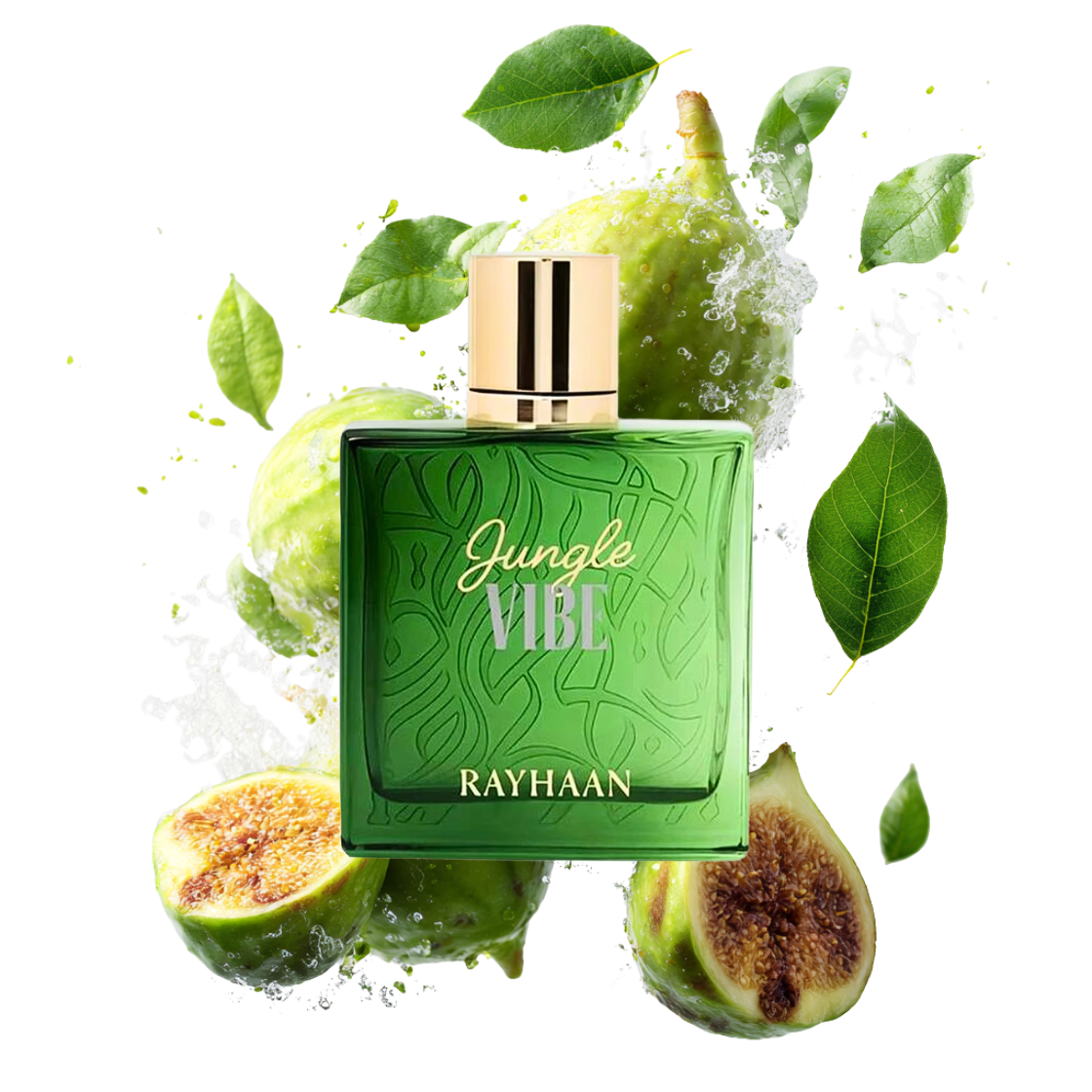 Jungle Vibe - Rayhaan 100ml - grüner Flakon umgeben von Feigen und grünen Blättern