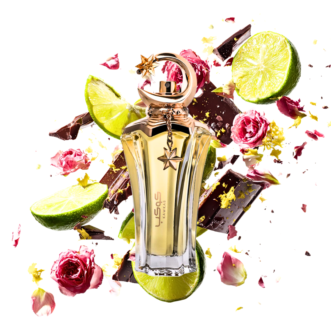Kawkab Ahmed al Maghribi Eau de Parfum 75ml – ausgefallener Glasflakon mit gelber Duftflüssigkeit umgeben von Bergamotte, Rosen und Holz