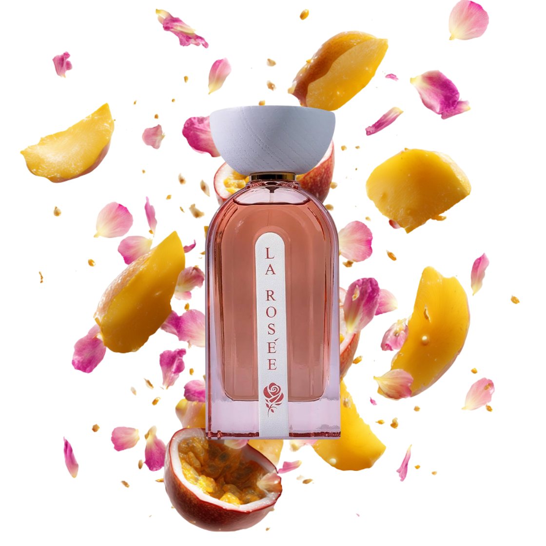 La Rosée Ahmed al Maghribi Eau de Parfum 100ml – transparentes Glasflakon mit rose Duftflüssigkeit umgeben von Pfirsich, Rosenblätter und Passionsfrucht