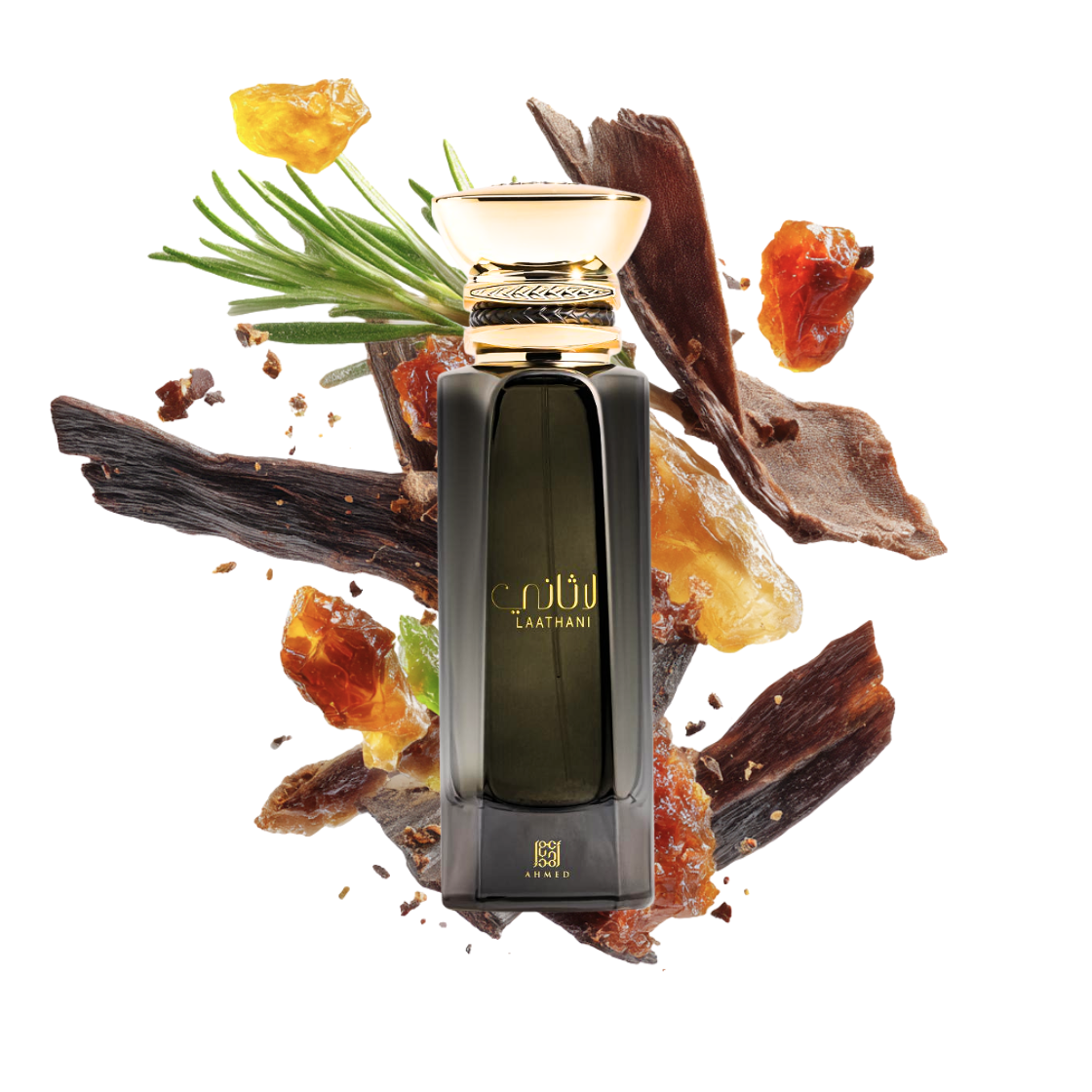 Laathani Ahmed al Maghribi Extrait de Parfum 80ml – dunkelbrauenes Glasflakon umgeben von kandierten Früchten, Holz und Rosmarin