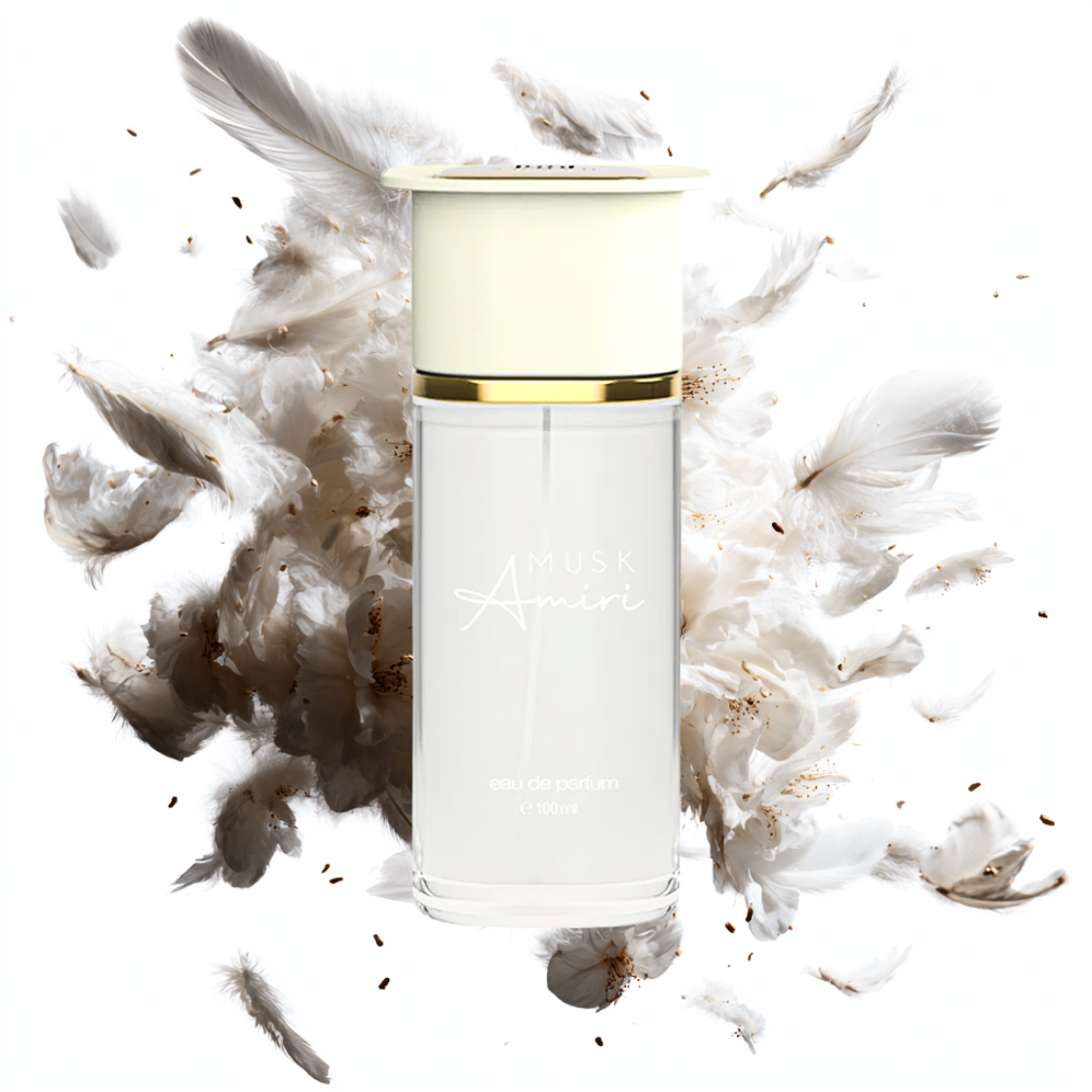 Musk Amiri Ahmed al Maghribi Eau de Parfum 100ml – transparenter Glasflakon umgeben von weißen Blüten