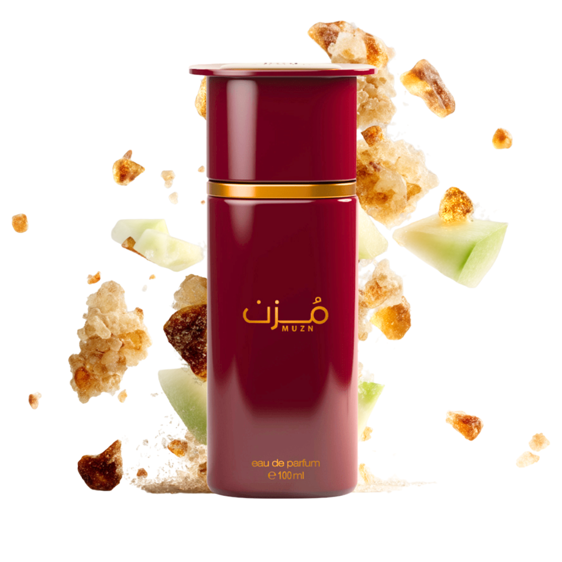Muzn Ahmed al Maghribi Eau de Parfum 60ml – roter Flakon umgeben von Amber und Melonen