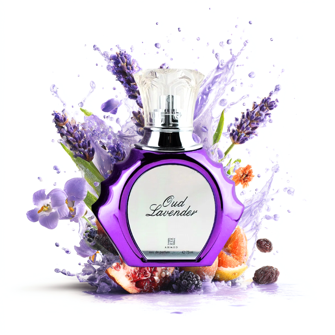 Oud Lavender Ahmed al Maghribi Eau de Parfum 75ml – lila Flakon umgeben von Lavendel, Früchten und Hyazinthe