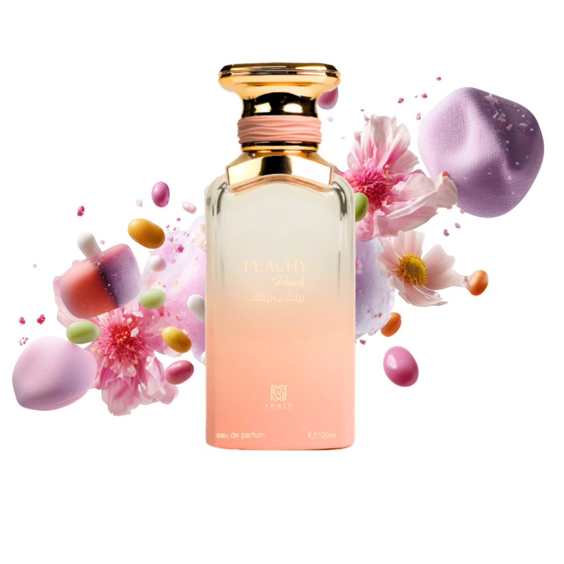 Peachy Peach Ahmed al Maghribi Eau de Parfum 100ml – roser Flakon umgeben von Jellybean, Marshmallow und Jasminblüten