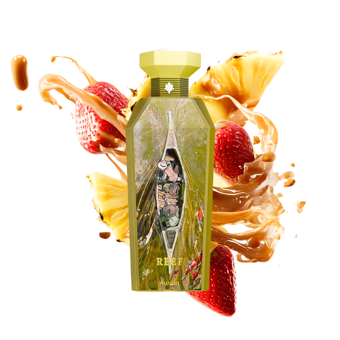 Reef Aurum 150ml – grüner Flakon umgeben von Erdbeeren, Ananas und Karamell