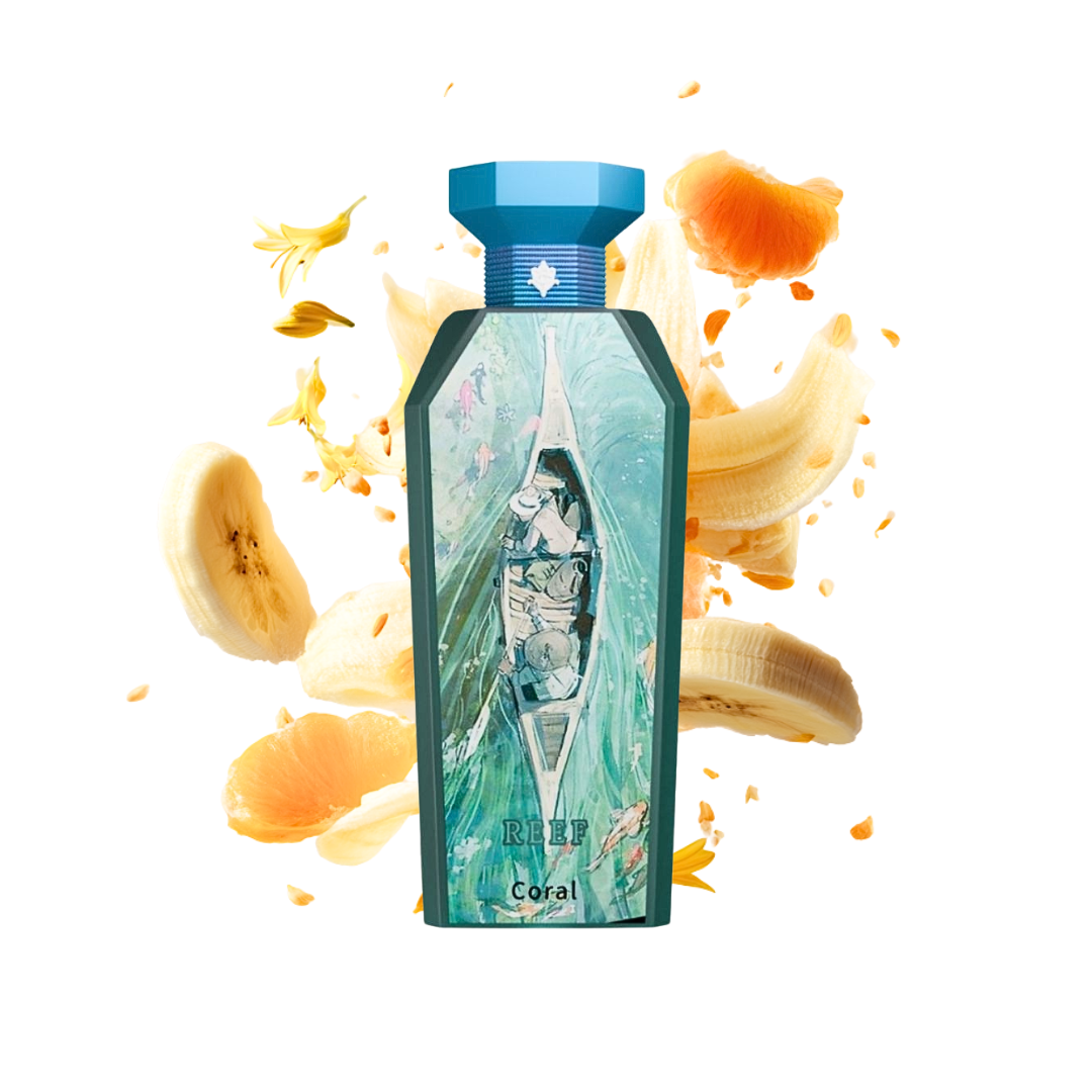 Reef Coral 150ml – Türkise Flakon umgeben von Banane, Mandarinen und Magnolie