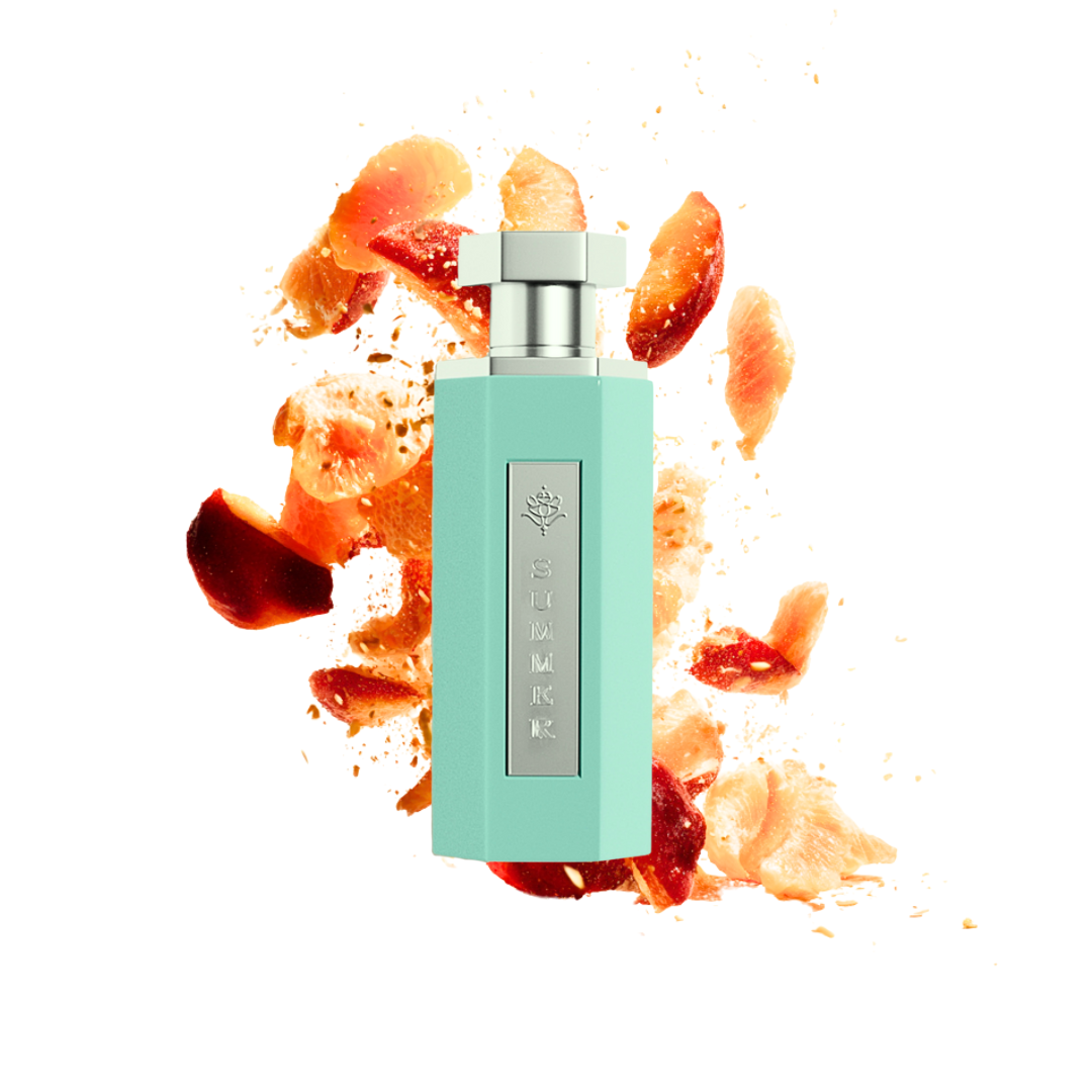 Reef Tiffany 100ml – Türkise Flakon umgeben von Mandarinen und Pfirsich