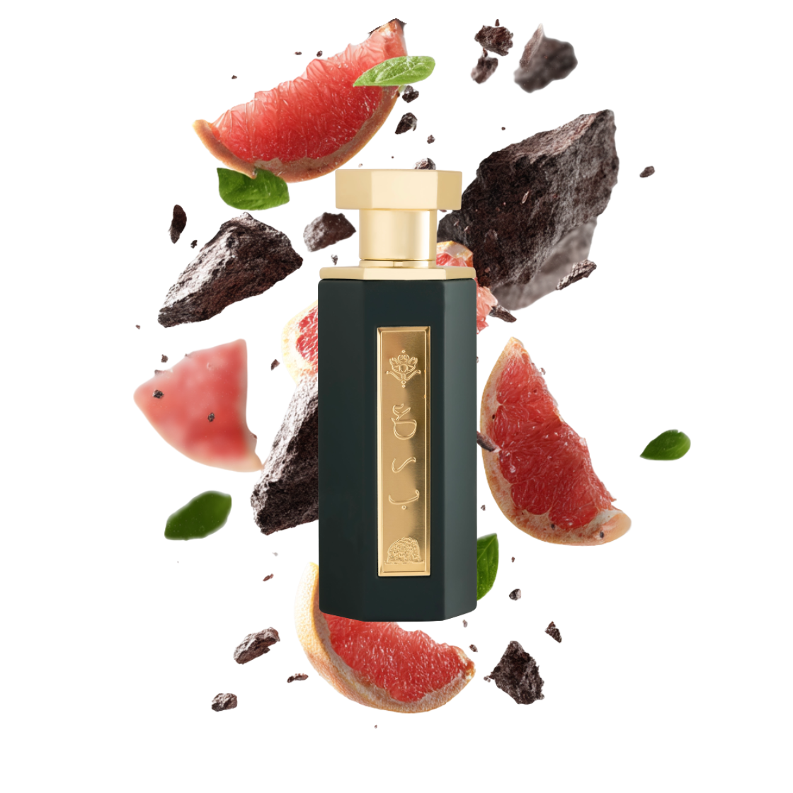 Reef AlUla 100ml – grüner Flakon umgeben von Grapefruit und Patchouli