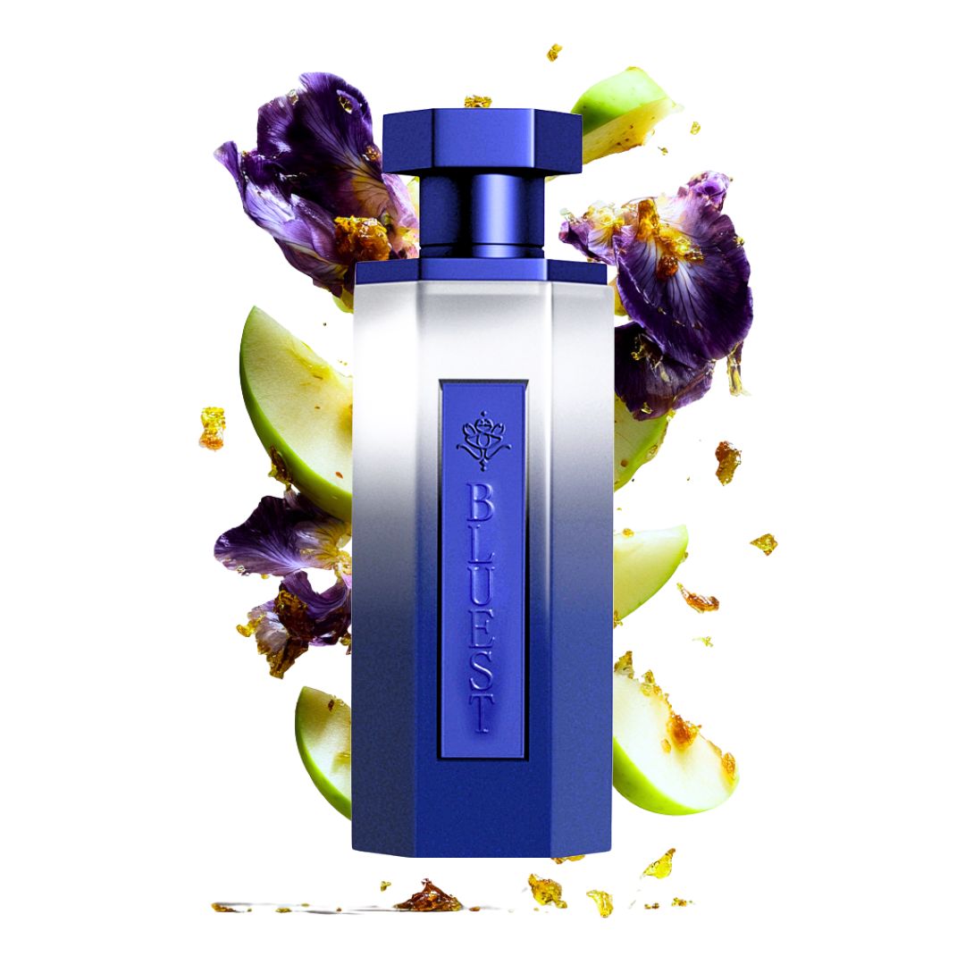 Reef Bluest 200ml – blauer Flakon umgeben von Irisblüten, Amber und Limetten
