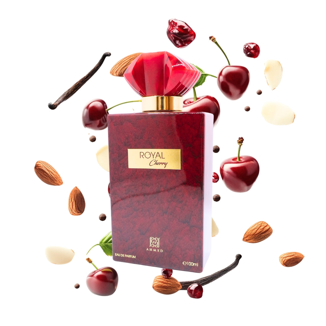 Royal Cherry Ahmed al Maghribi Eau de Parfum 100ml – roter Flakon umgeben von Kirschen, Mandeln und Vanilleschoten