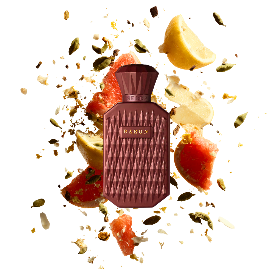 Sedra-Baron, 120ml, roter Flakon mit Textur umgeben von Bergamotte, Grapefruit und Kardamom.