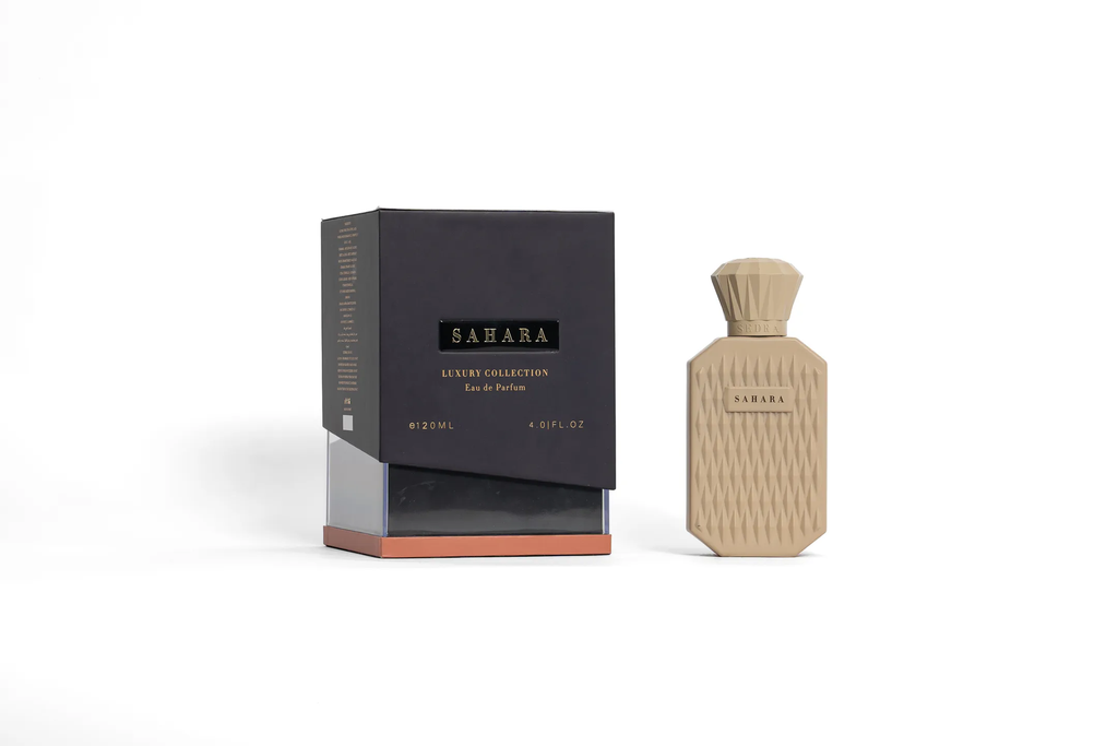 Sedra Sahara, 120ml, beiger Flakon und schwarze Umverpackung.