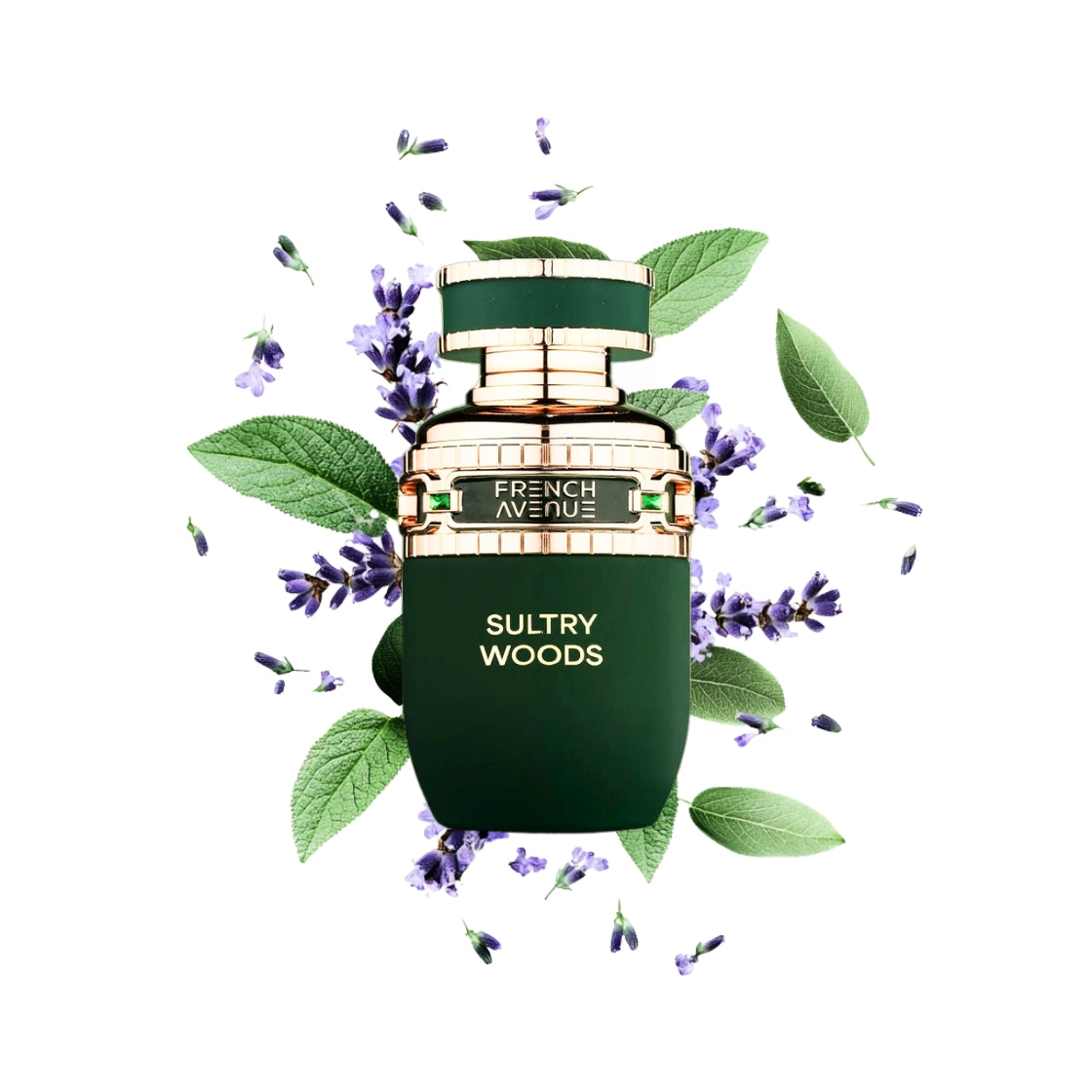 Sultry Woods French Avenue Parfum – grünes Flakon umgeben von Lavendel