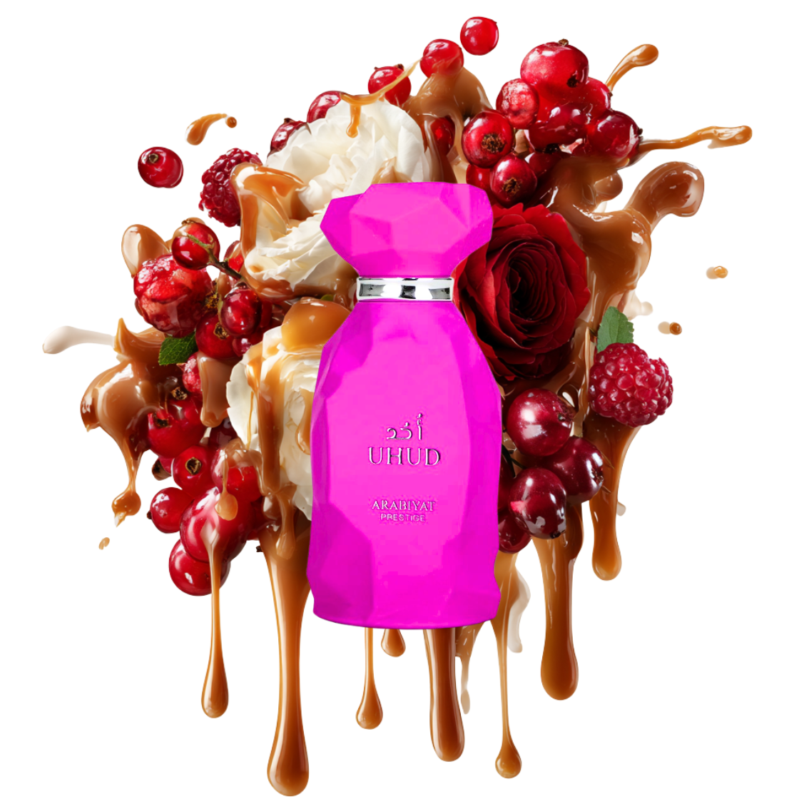 Uhud - Arabiyat Prestige 100ml Inhalt - pinker Flakon umgeben von Rosen, roten Früchten und Karamell