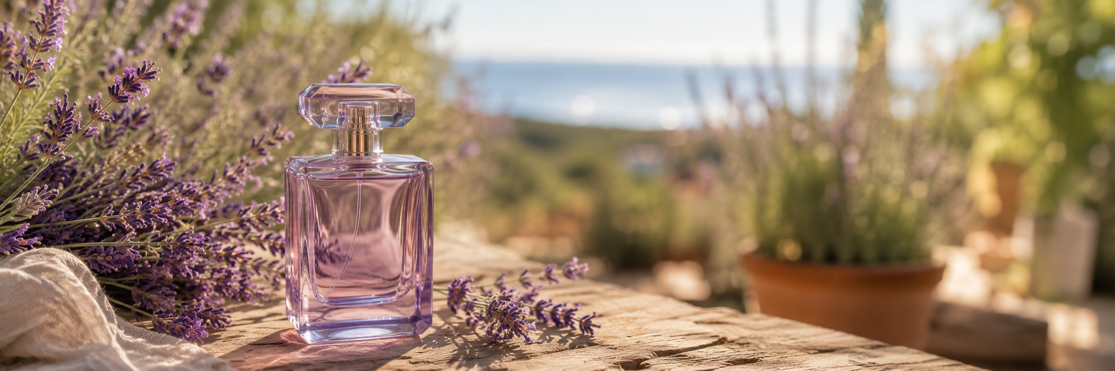 Parfümflakon mit frischen Lavendelzweigen im Sommer – Lavendel-Parfums gegen Insekten