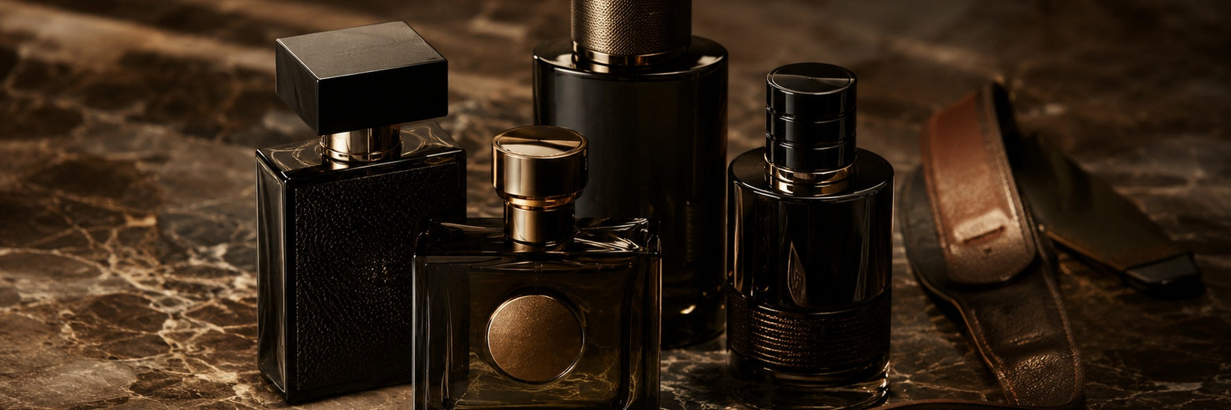 Elegante Herrenparfüm-Flakons auf Marmor – kraftvolle Männerdüfte mit Oud und Leder
