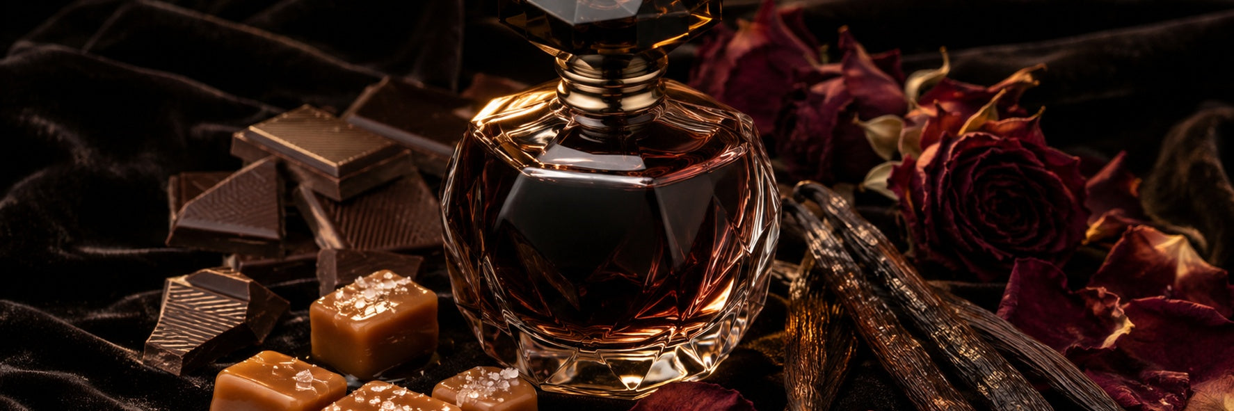 Parfümflakon mit Vanille, Schokolade und Rosen – sinnliche Gourmand-Düfte mit Karamell und Vanille