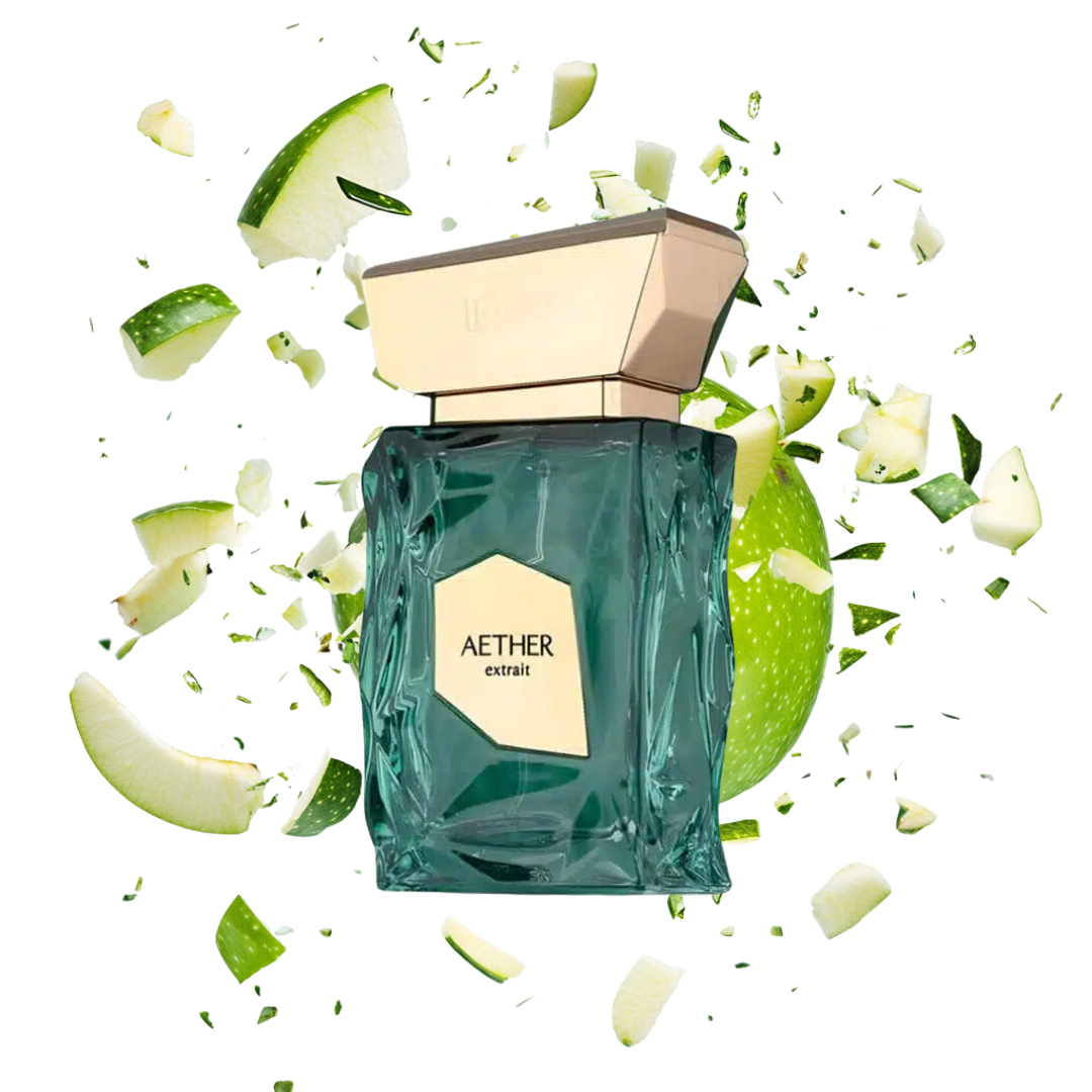Aether French Avenue Eau de Parfum 100ml – türkis Glasflakon umgeben von Äpfel