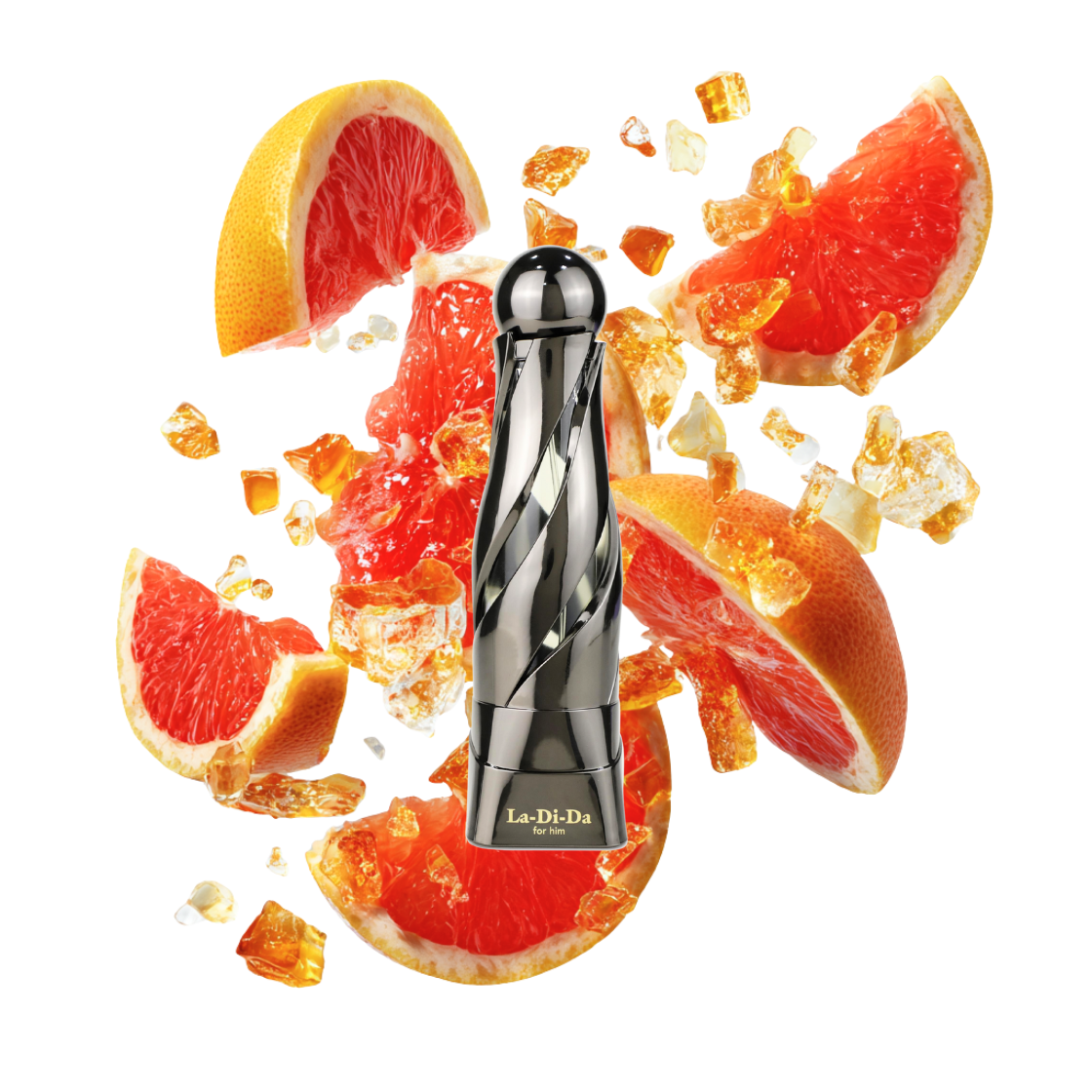 Arabiyat Prestige- Ladida, 100ml, schwarzer Flakon umgeben von Grapefruit und Amber.