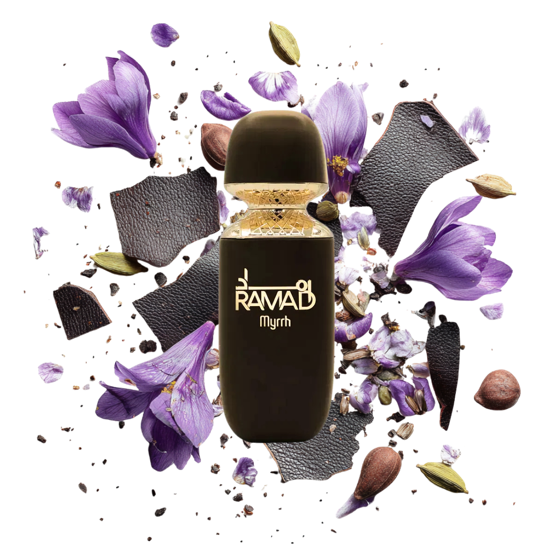 Arabiyat Prestige- Ramad Myrrh, 100ml, schwarzer Flakon umgeben von Leder, Veilchen und Kardamom.