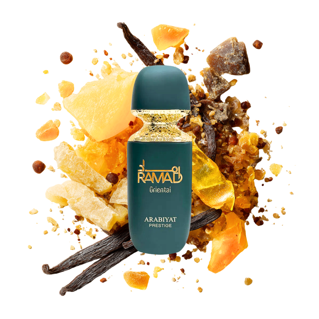 Arabiyat Prestige- Ramad Oriental, 100ml, grüner Flakon umgeben von Vanilleschoten, Amber und Kardamom.