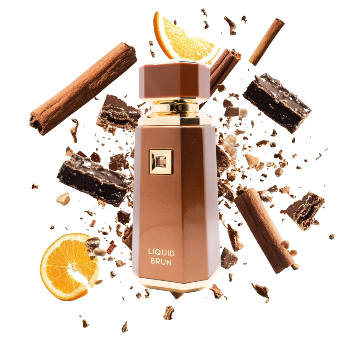 Liquid Brun French Avenue Eau de Parfum 100ml – braune Flakon umgeben von Zimstangen, Orange und Kardamom