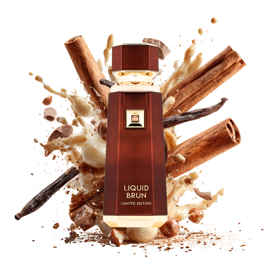 Liquid Brun Limited Edition French Avenue 150ml – braunes Flakon umgeben von Kardamom, Zimtstangen, Vanilleschote