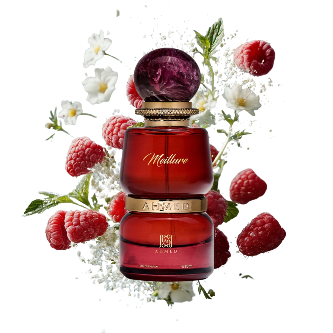 Meillure Ahmed al Maghribi Eau de Parfum 60ml – roter Glasflakon umgeben von Himbeere und Neroli