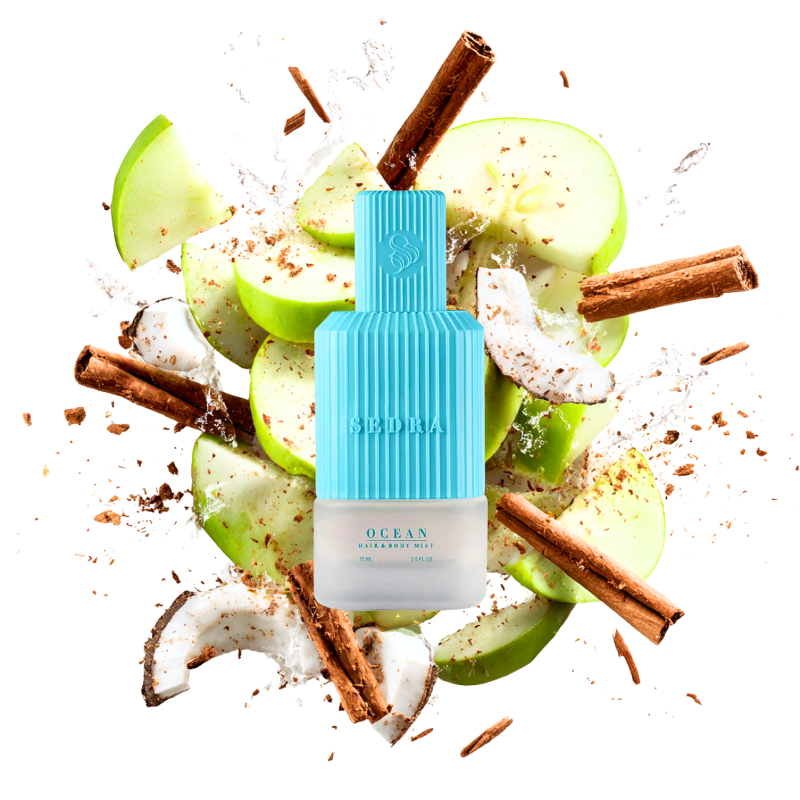 Ocean - Sedra (75ml) - blauer Flakon umgeben von Äpfel, Kokosnuss und Zimtstangen