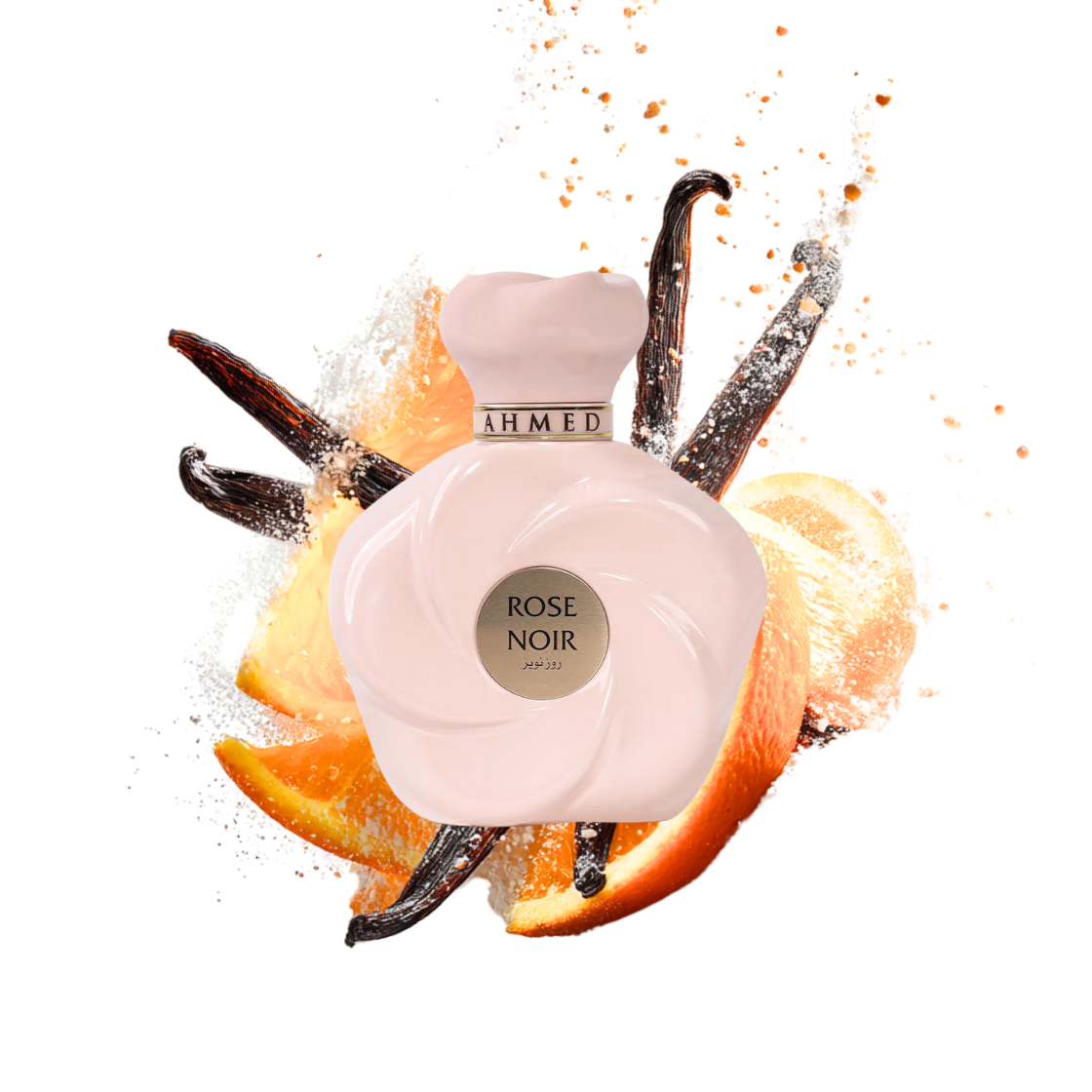 Rose Noir Ahmed al Maghribi Eau de Parfum 75ml – roser Flakon umgeben von sizilianischer Orange und Vanilleschoten