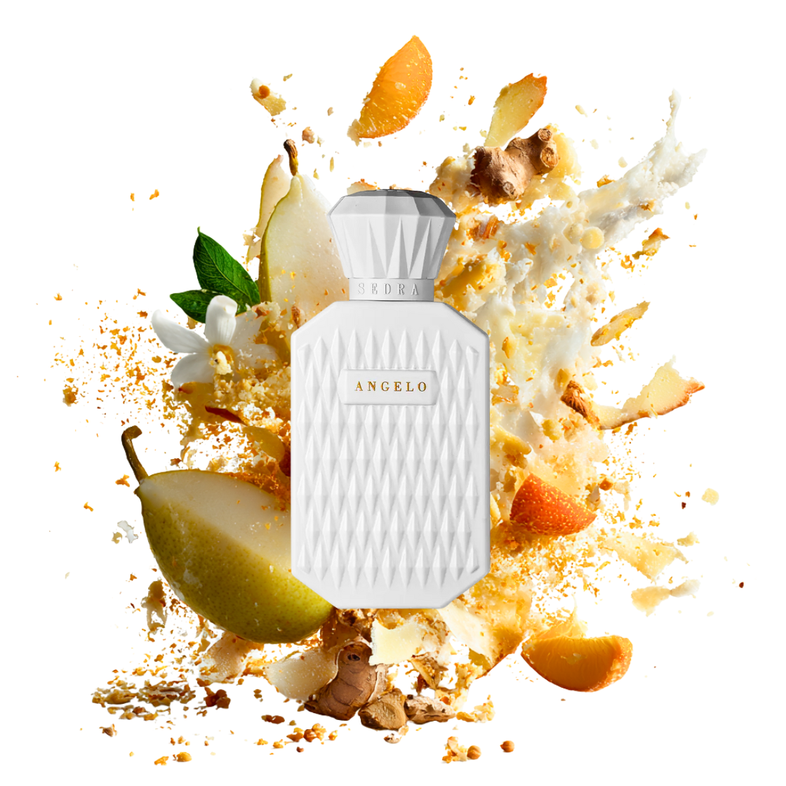 Sedra- Angelo, 120ml, weißer Flakon umgeben von Birne, Orangenblüte und Amber.