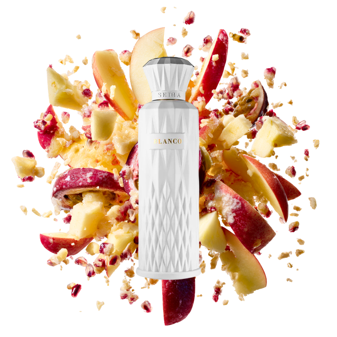 Sedra- Blanco, 200ml, weißer länglicher Flakon umgeben von Apfelstücken.