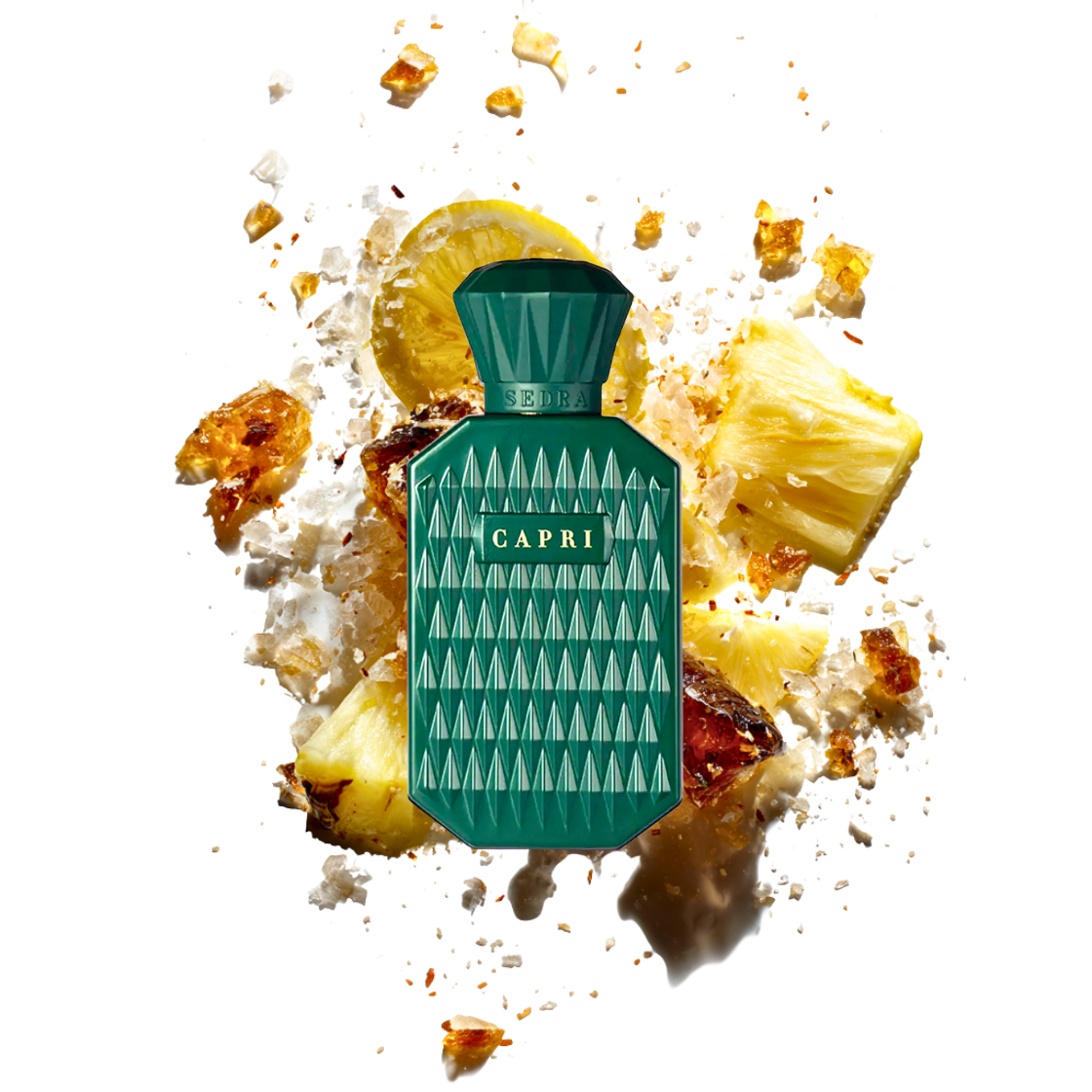 Sedra- Capri, 120ml, dunkelgrüner Flakon umgeben von Ananas und Zitrone.