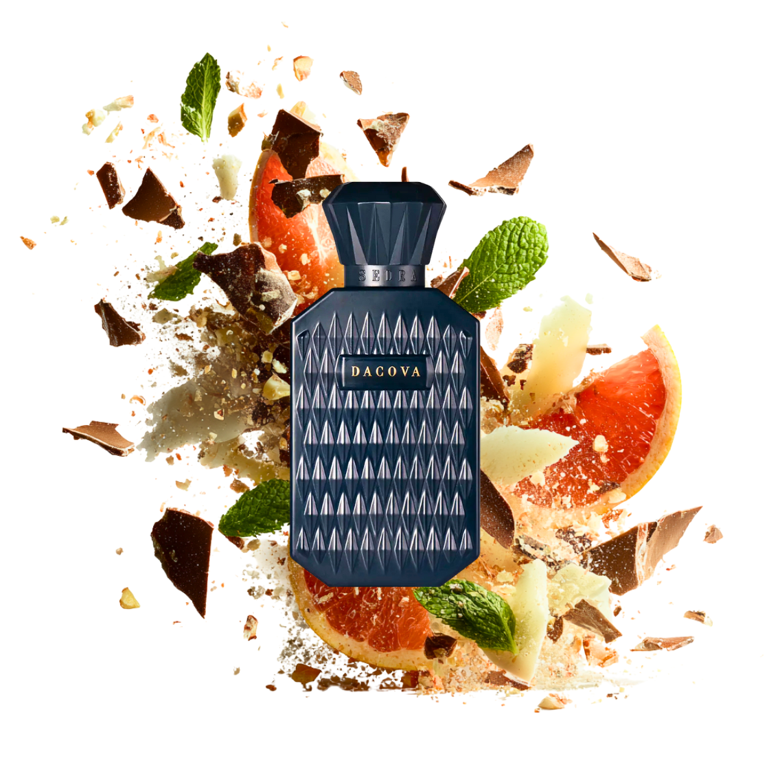 Sedra- Dacova, 120ml, schwarzer Flakon umgeben von Minze, Grapefruit und Zedernholz.