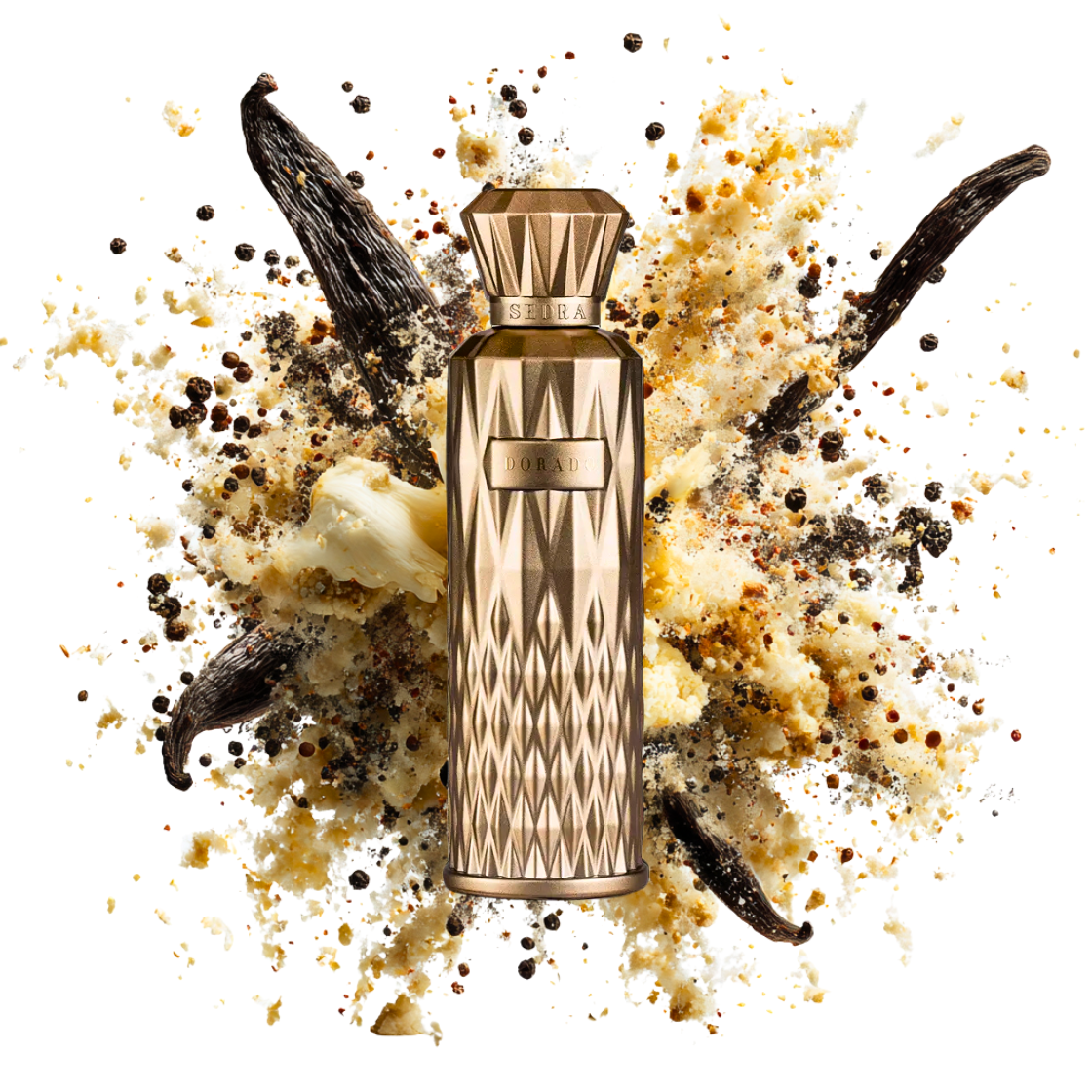 Sedra- Dorado, 200ml, goldener länglicher Flakon umgeben von Vanilleschoten und schwarzem Pfeffer.