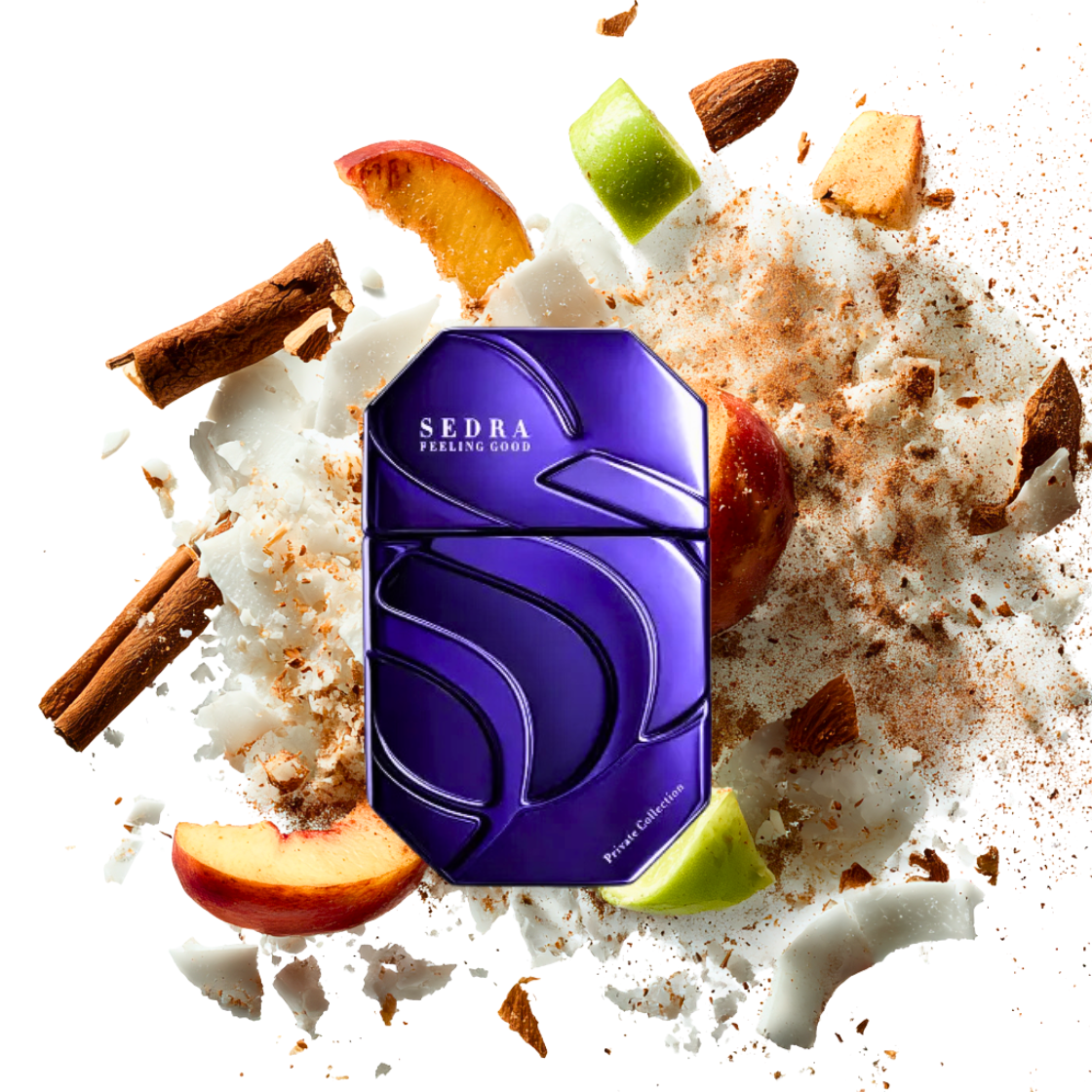 Sedra- Feeling Good, 90ml, lilaner edler Flakon umgeben von Zimtstangen, Pfirsichstückchen und Kokosnuss.