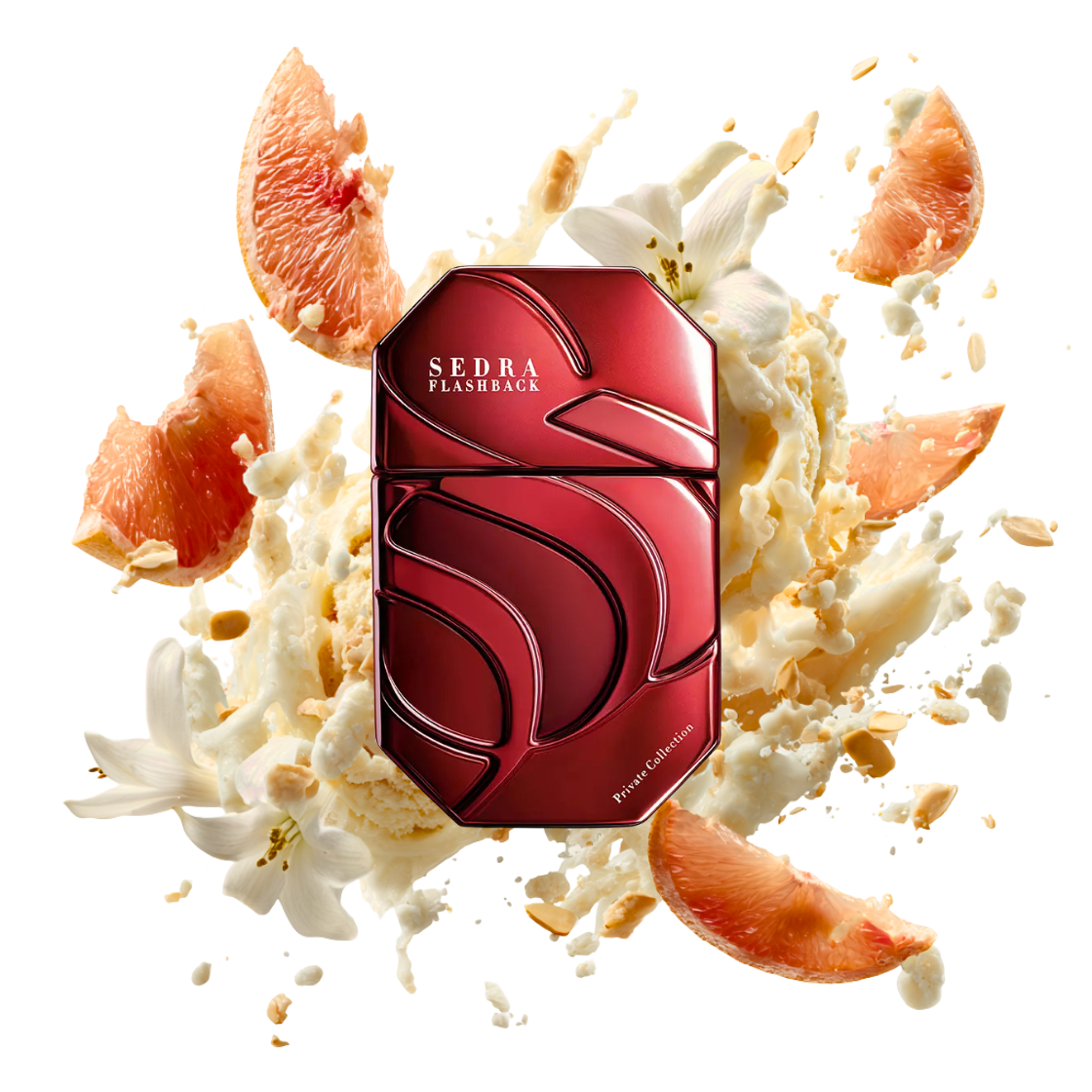 Sedra Flashback, 90ml, roter edler Flakon umgeben von Milch, Pomelo und Vanille.