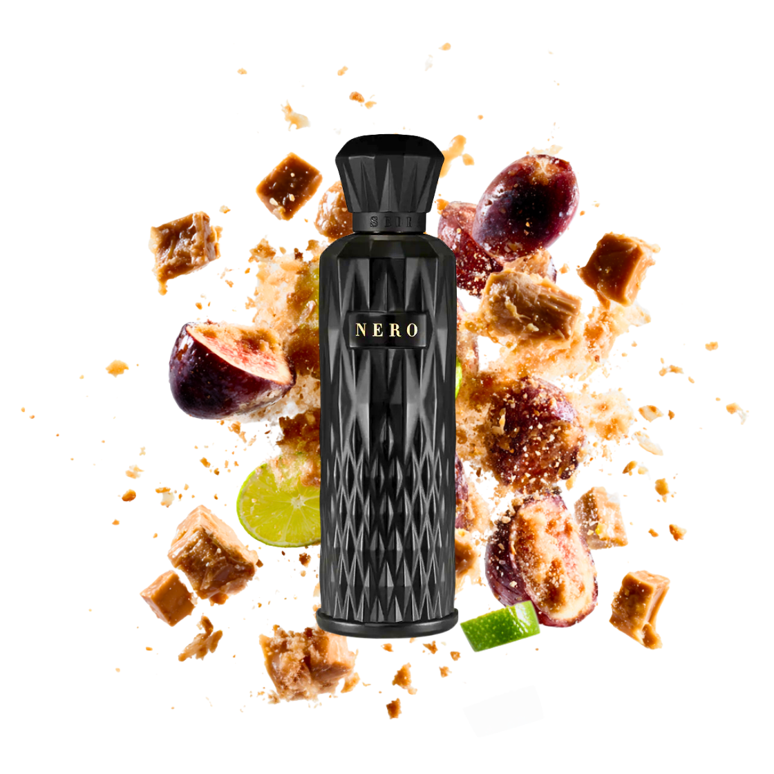 Nero - Sedra 200ml - schwarzer Flakon umgeben von Pflaume, Amber und Bergamotte