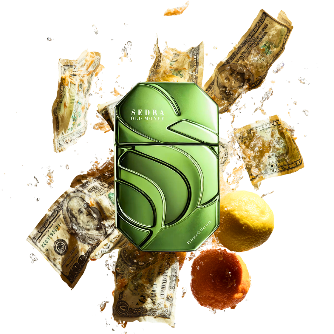 Sedra- Old Money, 90ml, grüner edler Flakon umgeben von Geldscheinen und Bergamotte.