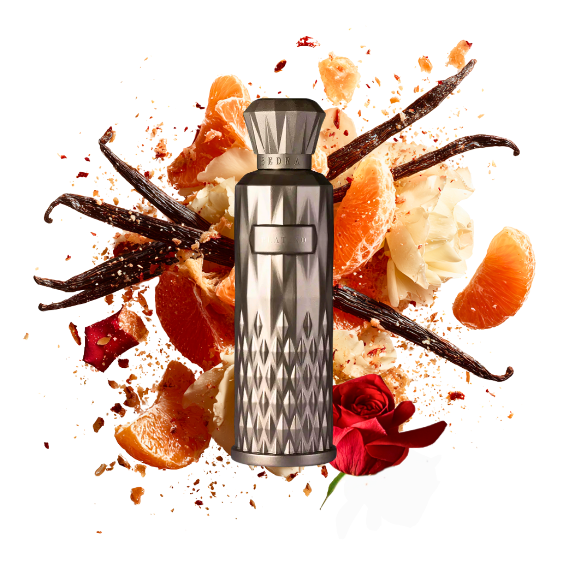 Sedra- Platino, 200ml, platinmetaller Flakon umgeben von Vanilleschoten, Rosenblüten und Mandarinen.